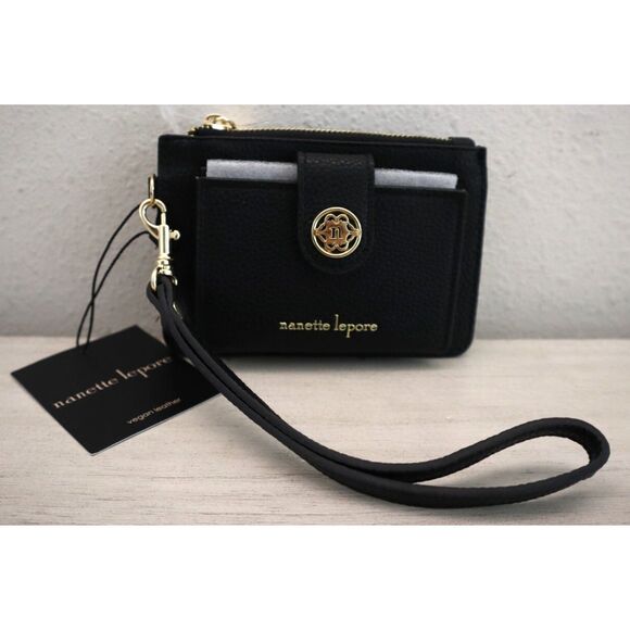Nanette Lepore 28720379 Black Vegan Leather “Kerri” Pebble Card Case Wristlet - Picture 1 of 5